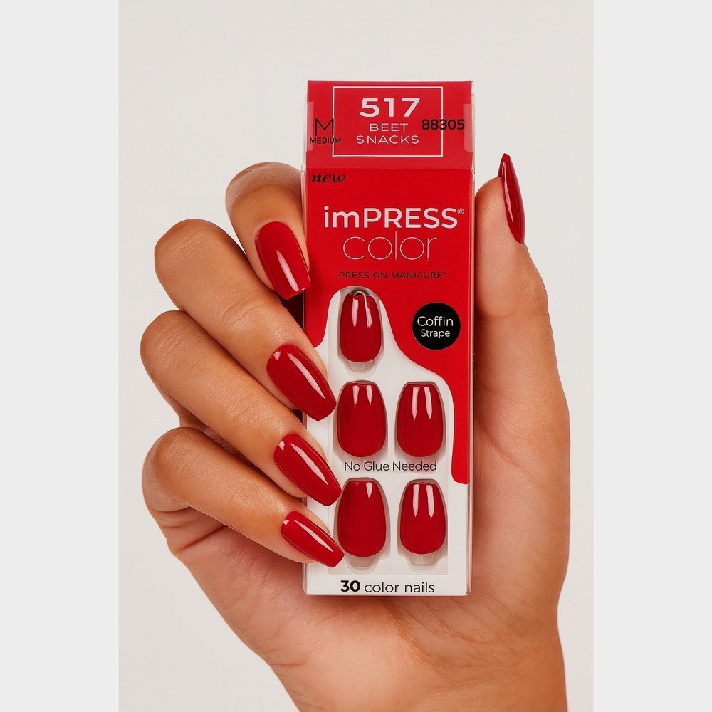Kiss imPRESS Color Press On Manicure Red Coffin Shape M 30 Nails Holiday‎  97-23